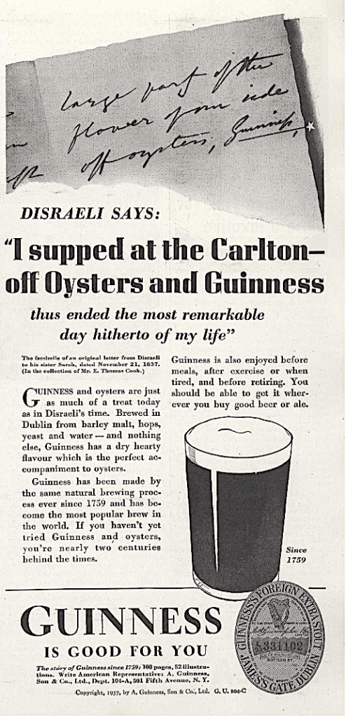 Ad in 1937 Time magazine featuring Guinness and oysters