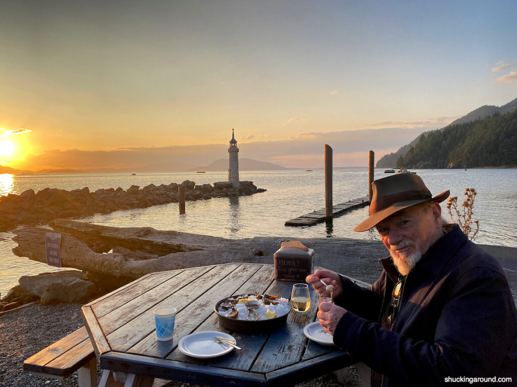 Maurie having oysters at Taylor Shellfish Farm, on Chuckanut Drive south of Bellingham, USA.