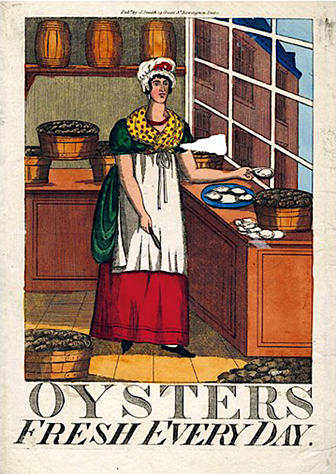A hand-coloured advertisement printed for a London oyster seller in the early 1800s, reproduced in Portrait of an Oyster.