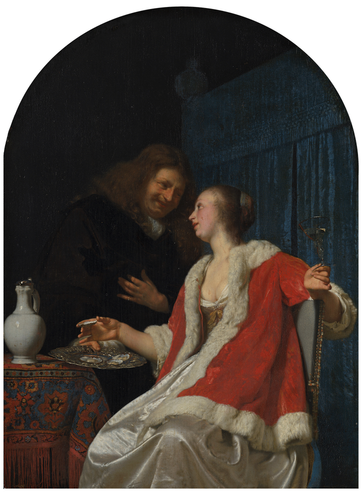 The Oyster Meal by Frans van Mieris the Elder (Mauritshuis, The Hague). Three creatures ready for anything - temptation, seduction, consumption.